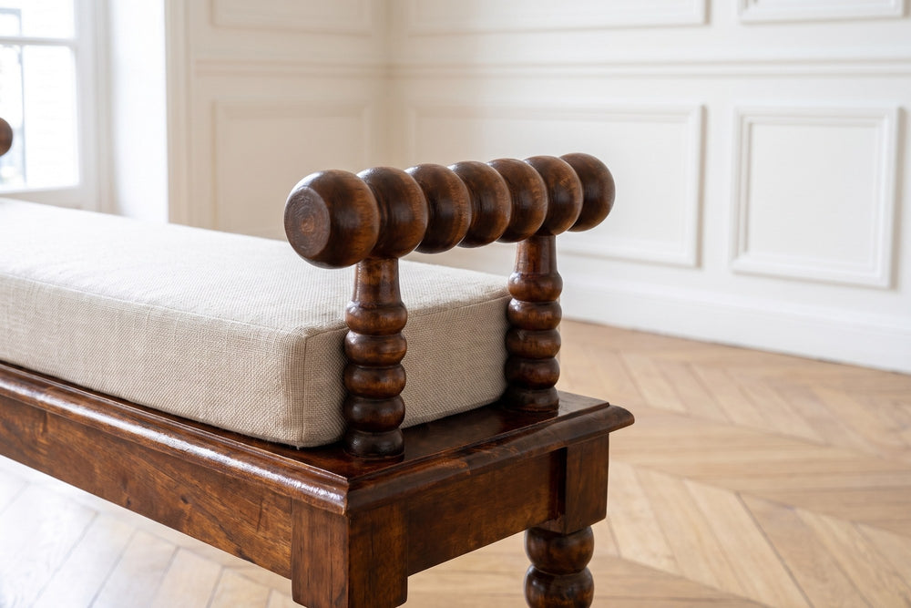Close-up of the Stefanaconi 39.4-Inch Bobbin-Turned Solid Mango Wood Bench with Cushion: arm