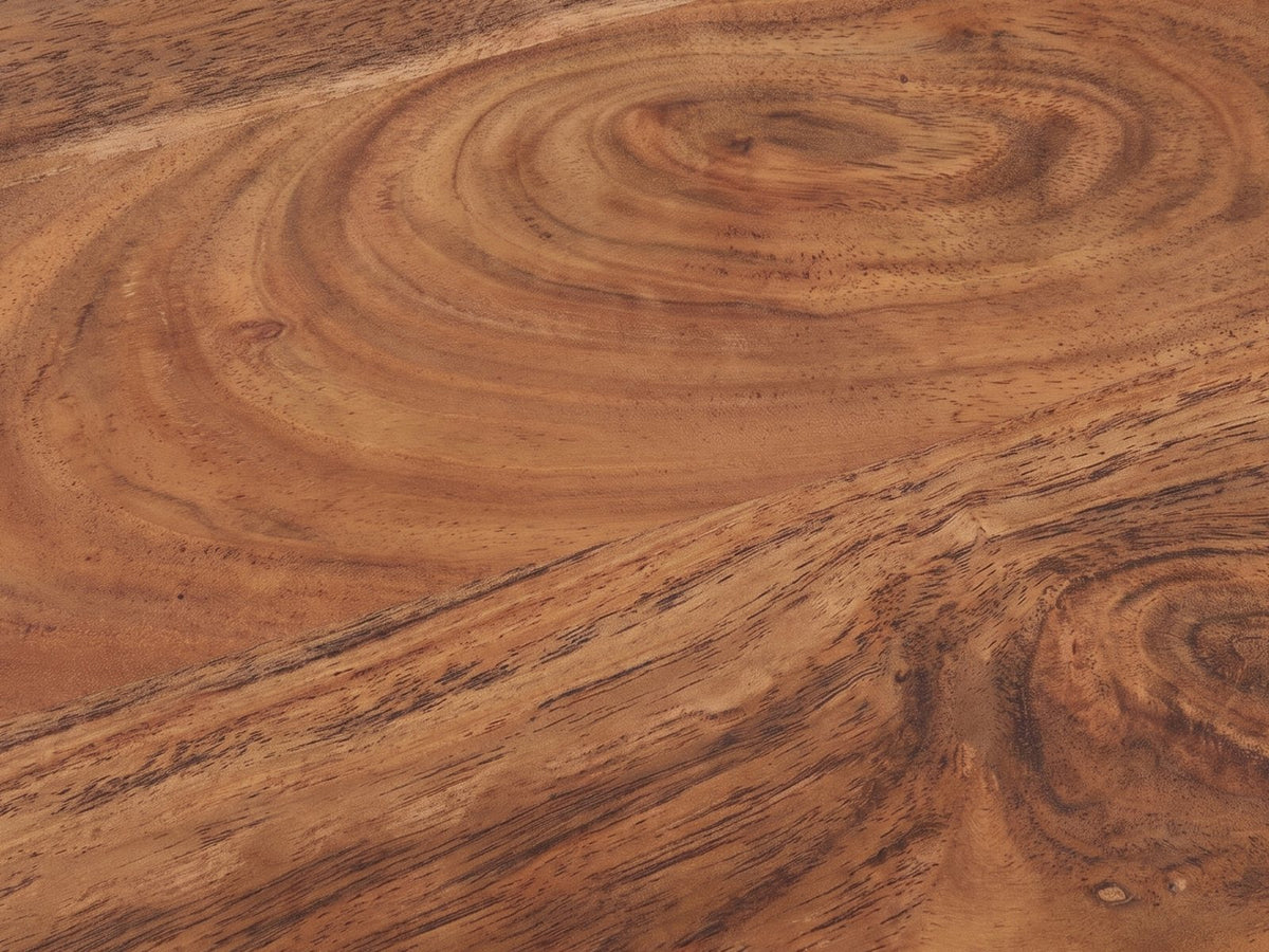Close-up of the Sternatia Cognac Acacia Pedestal Side Table: the light cognac acacia grain of the tray top
