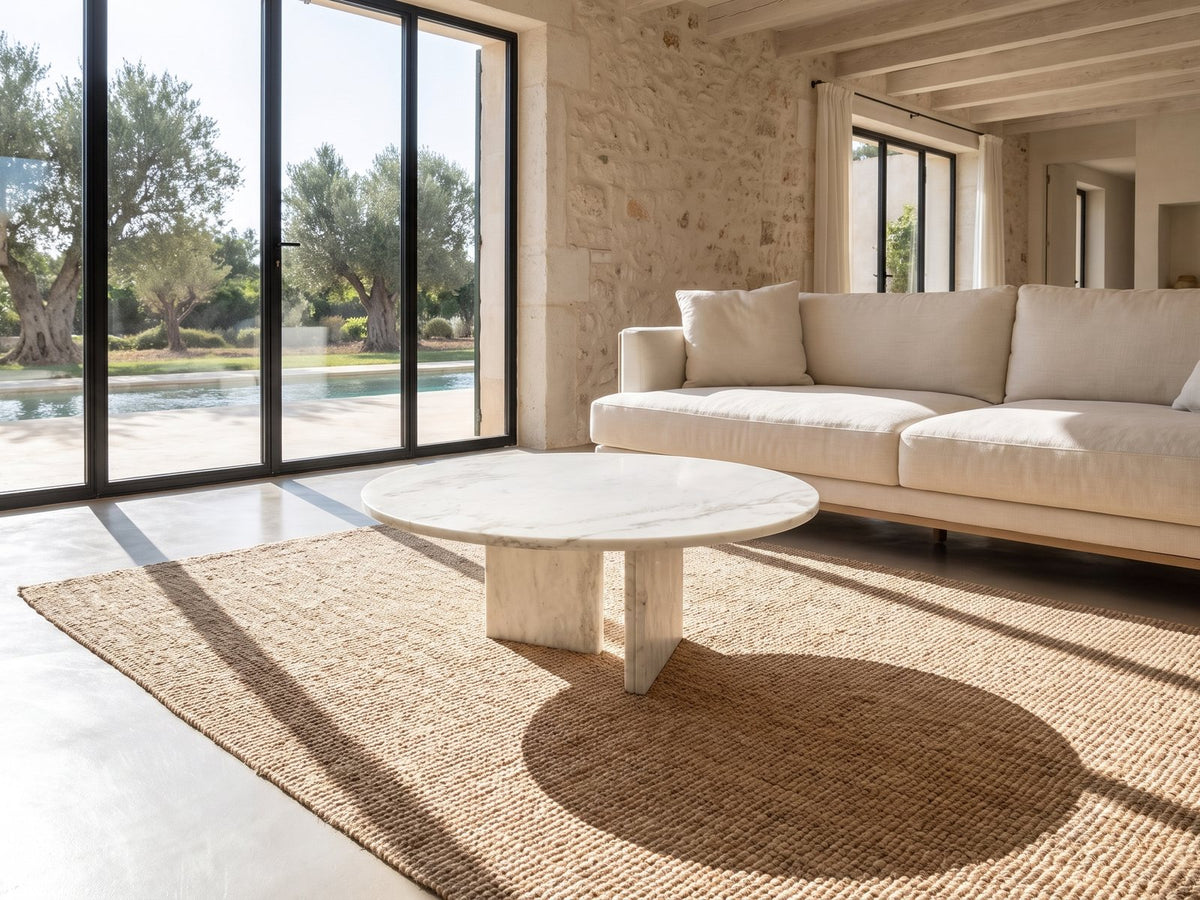 Stintino White Marble Coffee Table on a jute rug in front of a linen sofa in a poolside villa