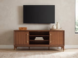 Stresa Walnut Media Console styled with a box, a tray of vases and books under a wall-mounted screen