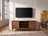 Stresa Walnut Media Console under a wall-mounted screen in an industrial loft
