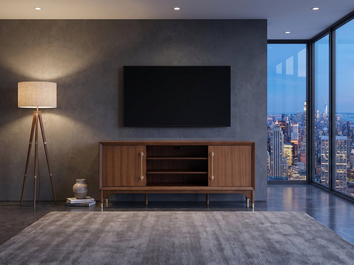 Stresa Walnut Media Console under a wall-mounted screen in a city penthouse at blue hour