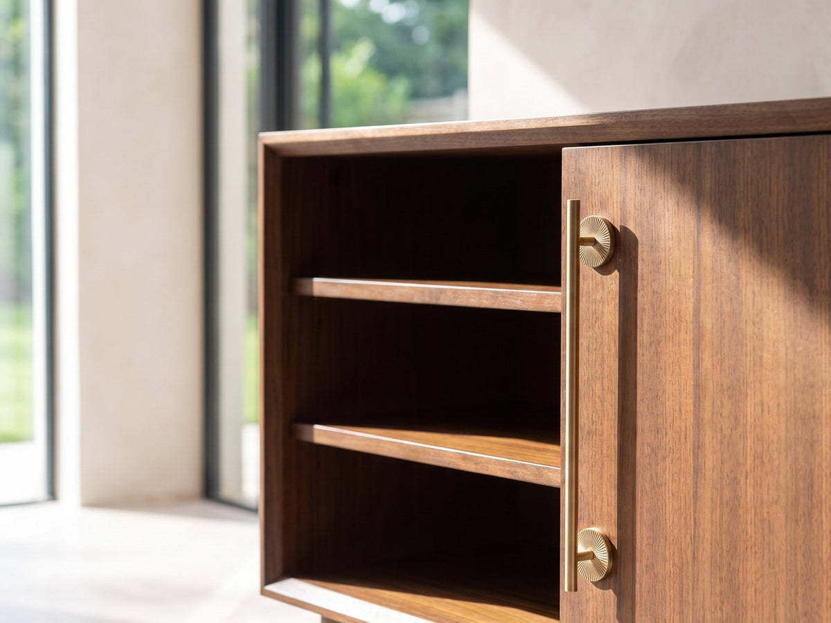 Close-up of the Stresa Walnut Media Console: the long brass bar handle on the walnut door and the open shelves beside it