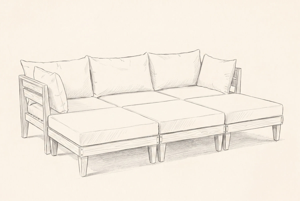 Pencil sketch of the Stromboli daybed set, drawn from the same three-quarter view