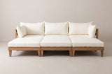 The Stromboli daybed set from the front: three sofas along the back with their cushions and pillows, and three ottomans in a row in front