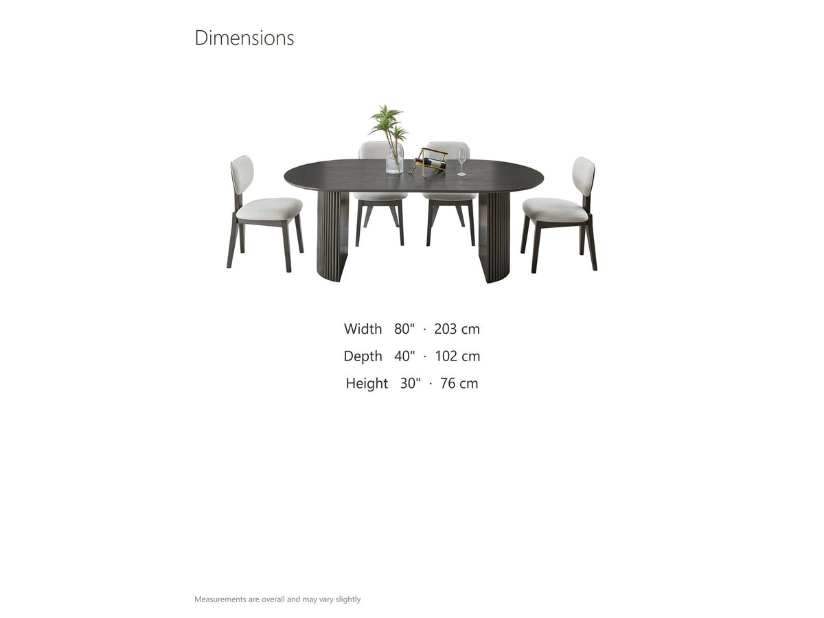 Strongoli 80-Inch Oval Fluted Pedestal Dining Set with 4 Chairs dimensions: table 80 in long, 40 in deep and 30 in high; each chair 19 in wide, 22 in deep and 34 in high, seat 19 in high