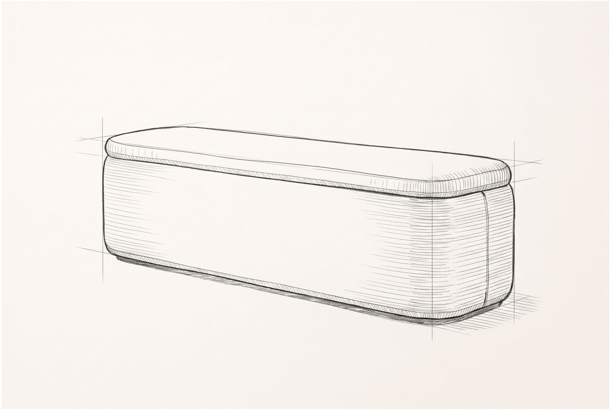 Pencil sketch of the Subiaco storage bench, drawn from the same three-quarter view