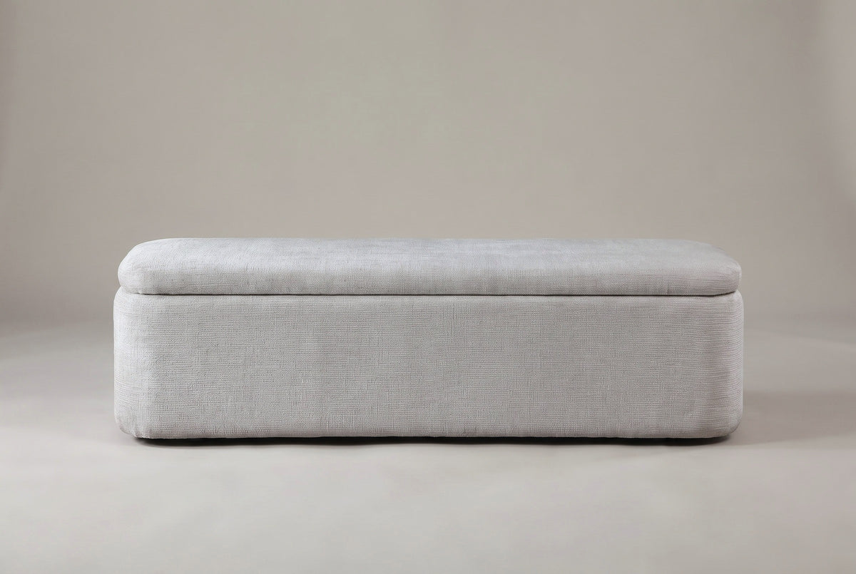 The Subiaco gray storage bench, straight front view on a light studio backdrop