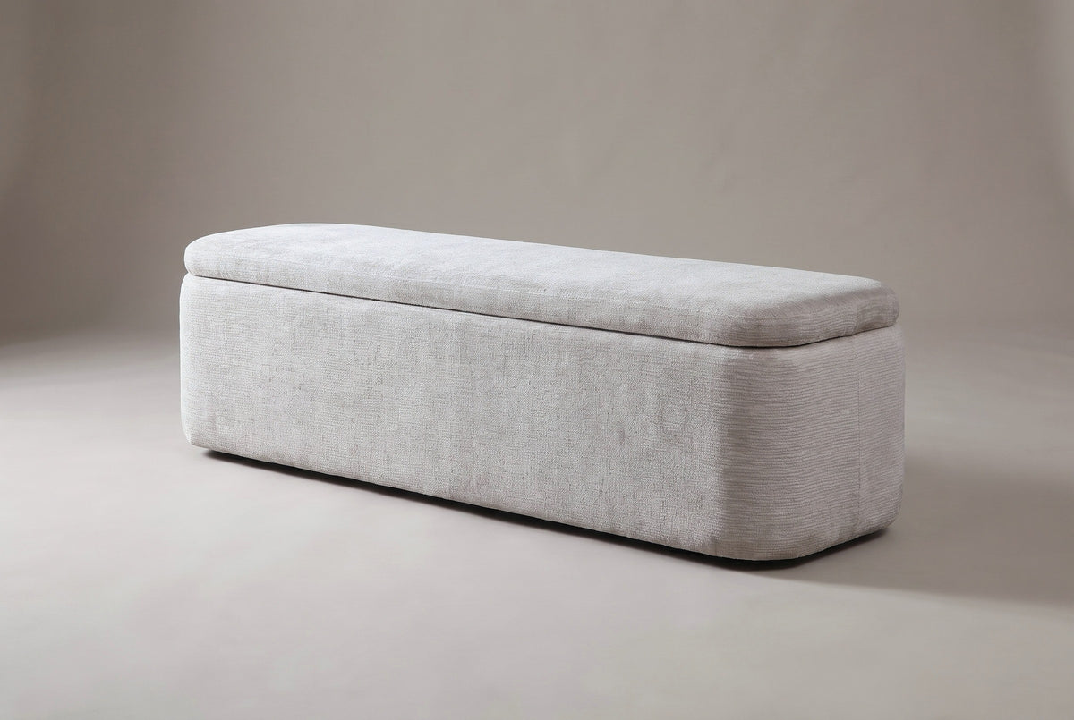 The Subiaco gray storage bench, three-quarter view on a light studio backdrop, lid closed