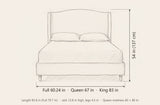 Sulmona bed dimensions: Full 60.24 in, Queen 67 in and King 83 in wide, 54 in high, 85.8 in long (Full 79.7 in), rails 12.8 in high with 4.5 in legs