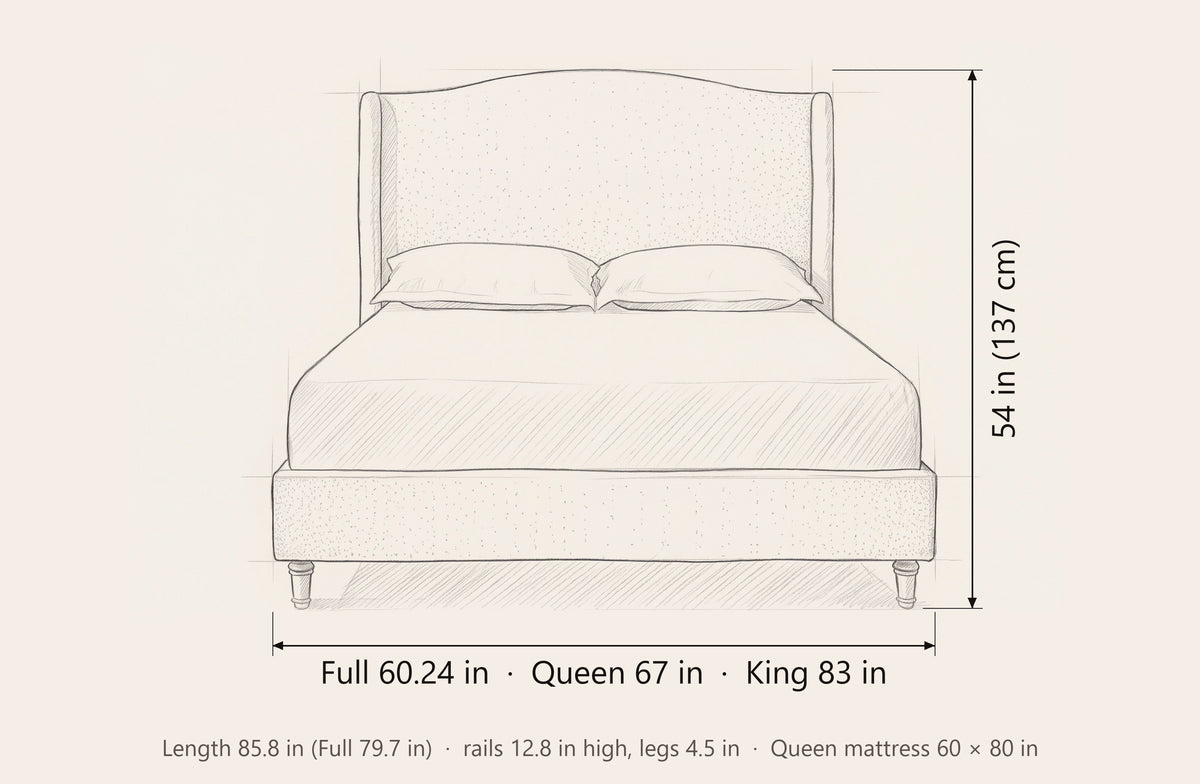 Sulmona bed dimensions: Full 60.24 in, Queen 67 in and King 83 in wide, 54 in high, 85.8 in long (Full 79.7 in), rails 12.8 in high with 4.5 in legs