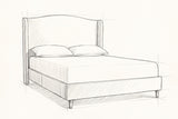 Pencil sketch of the Sulmona bed with a mattress and two pillows, drawn from the same three-quarter view