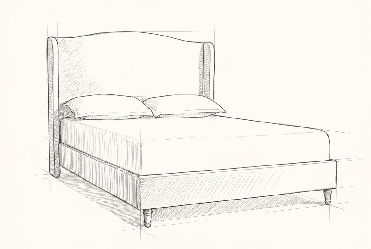 Pencil sketch of the Sulmona bed with a mattress and two pillows, drawn from the same three-quarter view