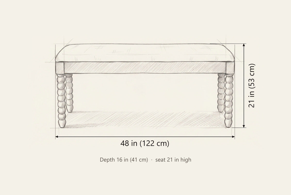 Sutri bench dimensions: 48 in long, 21 in high, 16 in deep