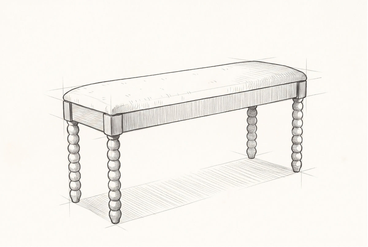Pencil sketch of the Sutri bench, drawn from the same three-quarter view