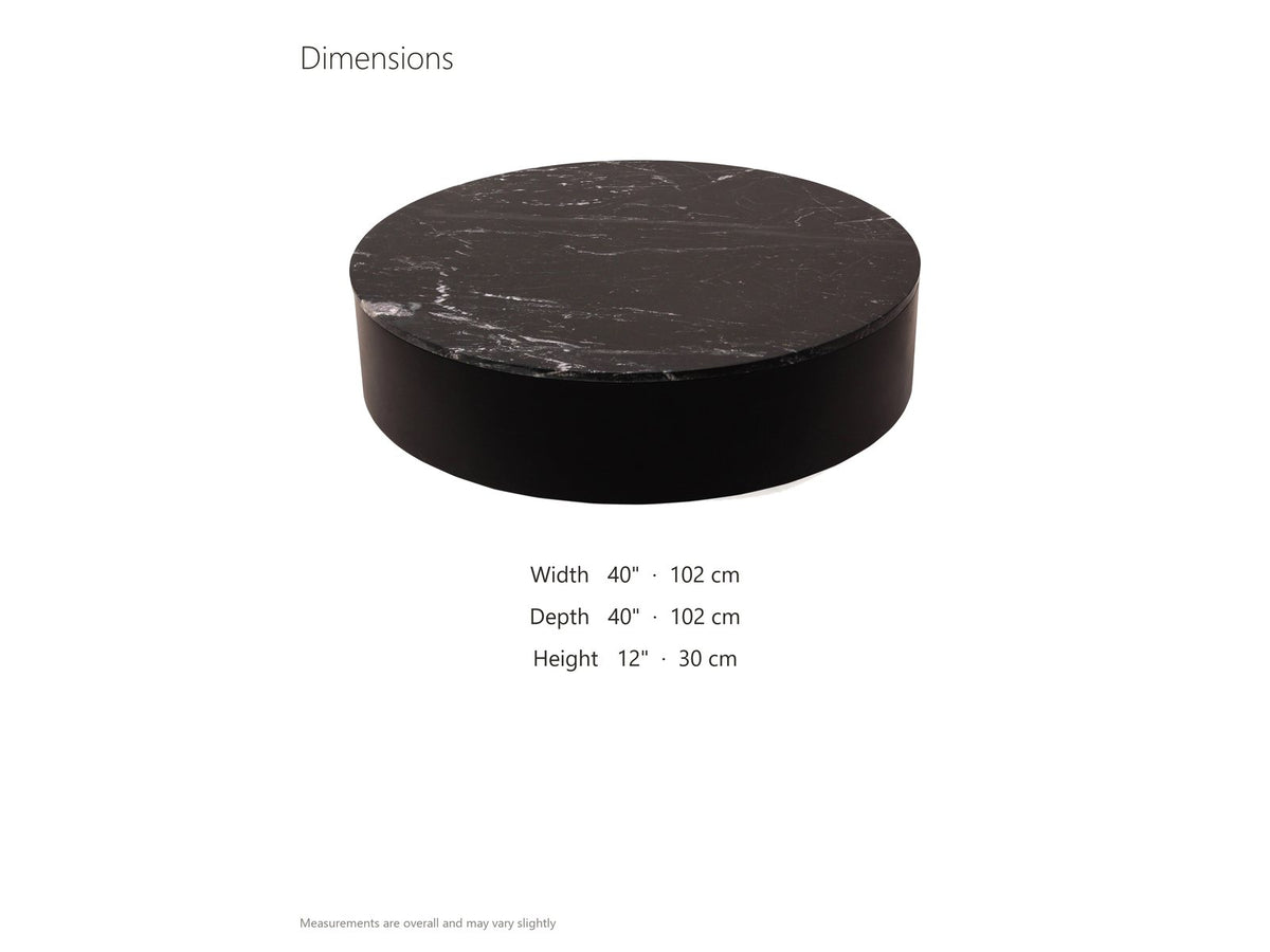 Taormina Black Marble Drum Coffee Table dimensions: 40.0 in wide, 40.0 in deep, 12.0 in high