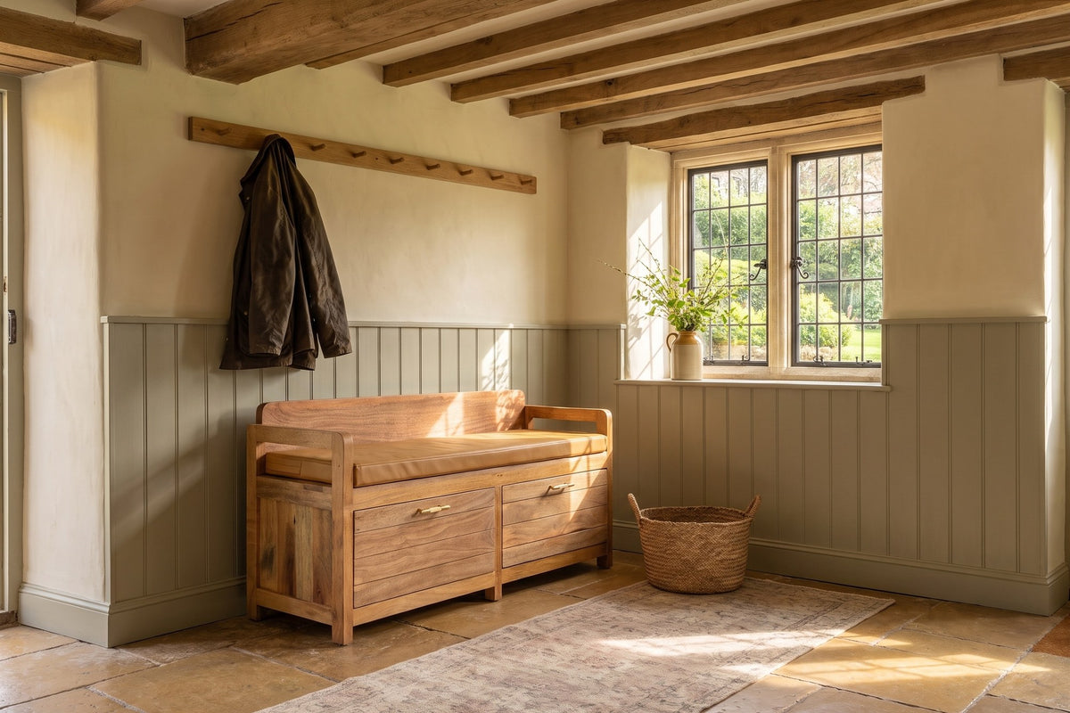 Taurianova 39.5-Inch 2-Drawer Solid Mango Storage Bench with Leather Cushion in an English country dining room