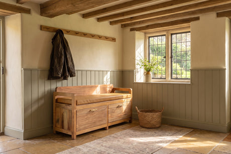Taurianova 39.5-Inch 2-Drawer Solid Mango Storage Bench with Leather Cushion in an English country dining room