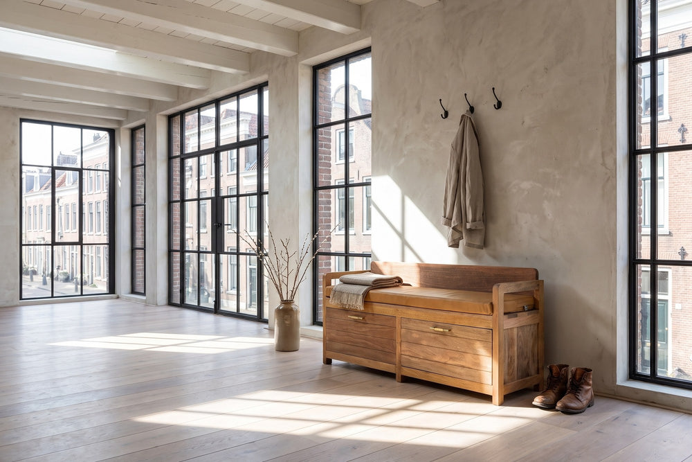 Taurianova 39.5-Inch 2-Drawer Solid Mango Storage Bench with Leather Cushion in a city loft