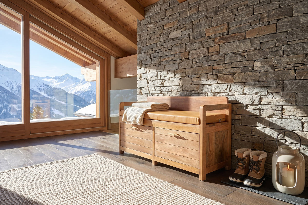 Taurianova 39.5-Inch 2-Drawer Solid Mango Storage Bench with Leather Cushion in an alpine chalet