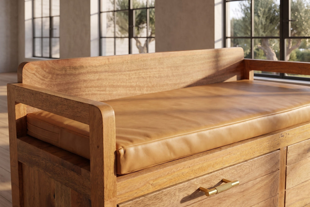 Close-up of the Taurianova 39.5-Inch 2-Drawer Solid Mango Storage Bench with Leather Cushion: leather