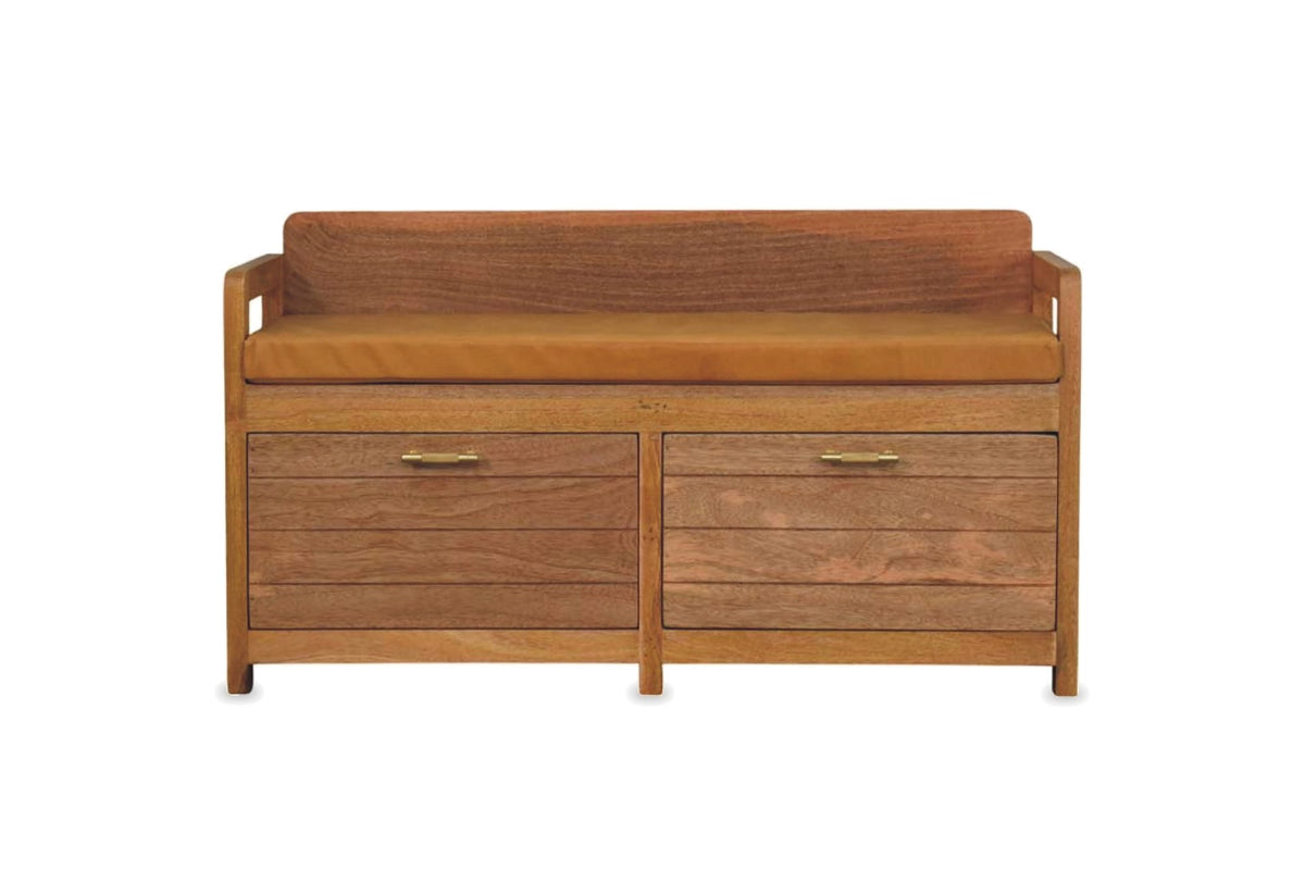 Taurianova 39.5-Inch 2-Drawer Solid Mango Storage Bench with Leather Cushion, front view