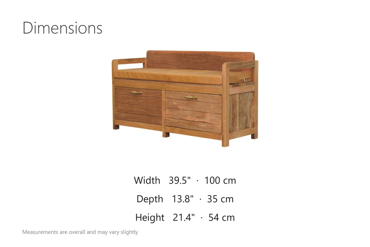 Taurianova 39.5-Inch 2-Drawer Solid Mango Storage Bench with Leather Cushion dimensions