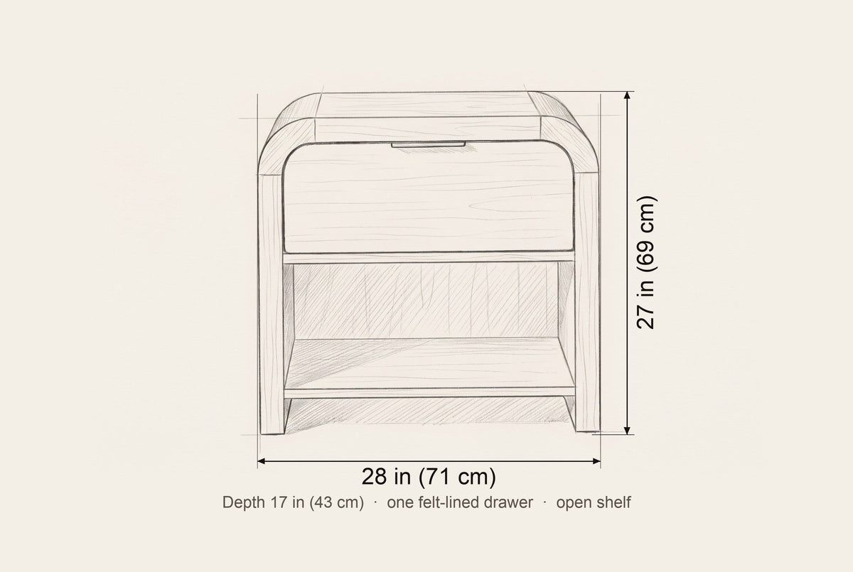 Tempio nightstand dimensions: 28 in wide, 27 in high, 17 in deep