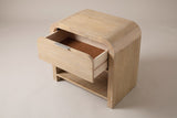 The Tempio nightstand with its drawer pulled open, showing the felt lining and the open shelf below