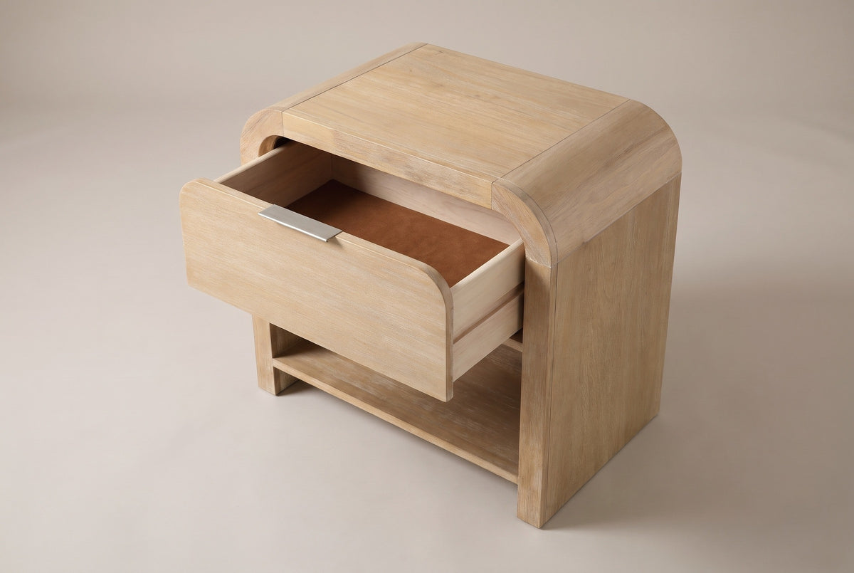 The Tempio nightstand with its drawer pulled open, showing the felt lining and the open shelf below