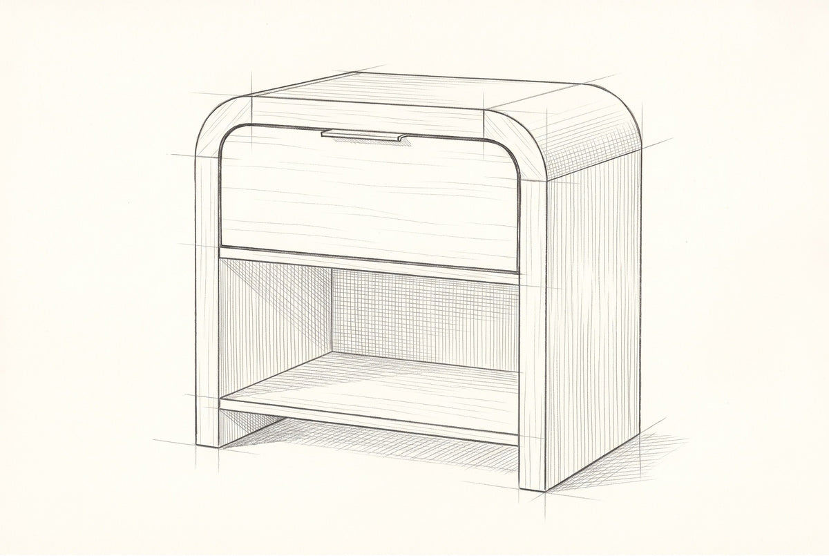 Pencil sketch of the Tempio nightstand, drawn from the same three-quarter view