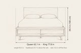 Termoli bed dimensions: Queen 62.1 in and King 77.8 in wide, 39.3 in high, 82.5 in long, headboard 23.7 in above the rails, slats 14.2 in off the floor
