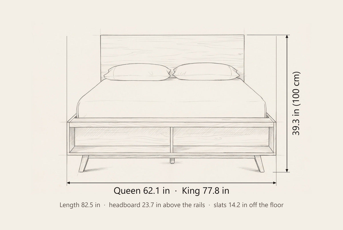 Termoli bed dimensions: Queen 62.1 in and King 77.8 in wide, 39.3 in high, 82.5 in long, headboard 23.7 in above the rails, slats 14.2 in off the floor