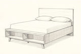 Pencil sketch of the Termoli bed with a mattress and two pillows, drawn from the same three-quarter view