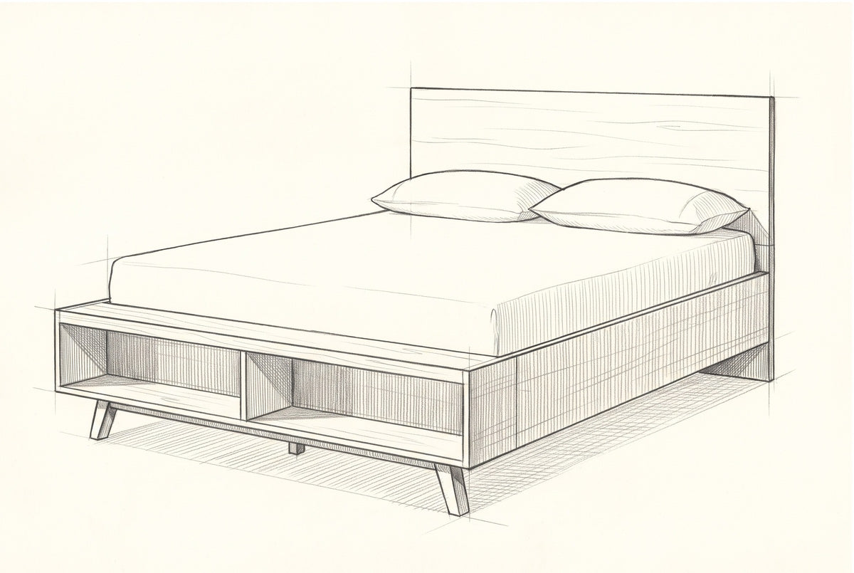 Pencil sketch of the Termoli bed with a mattress and two pillows, drawn from the same three-quarter view