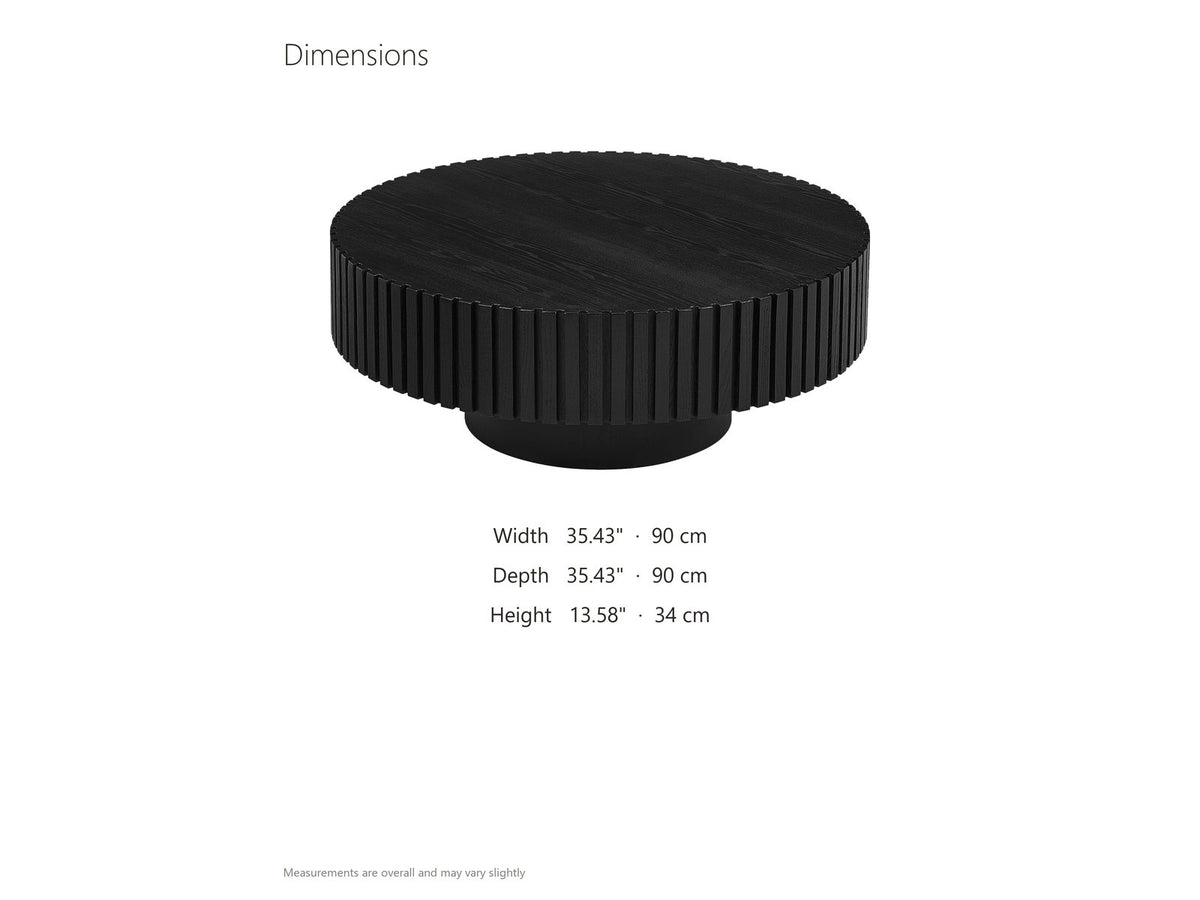 Terni Black Wood Veneer Fluted Pedestal Coffee Table dimensions: 35.43 in wide, 35.43 in deep, 13.58 in high
