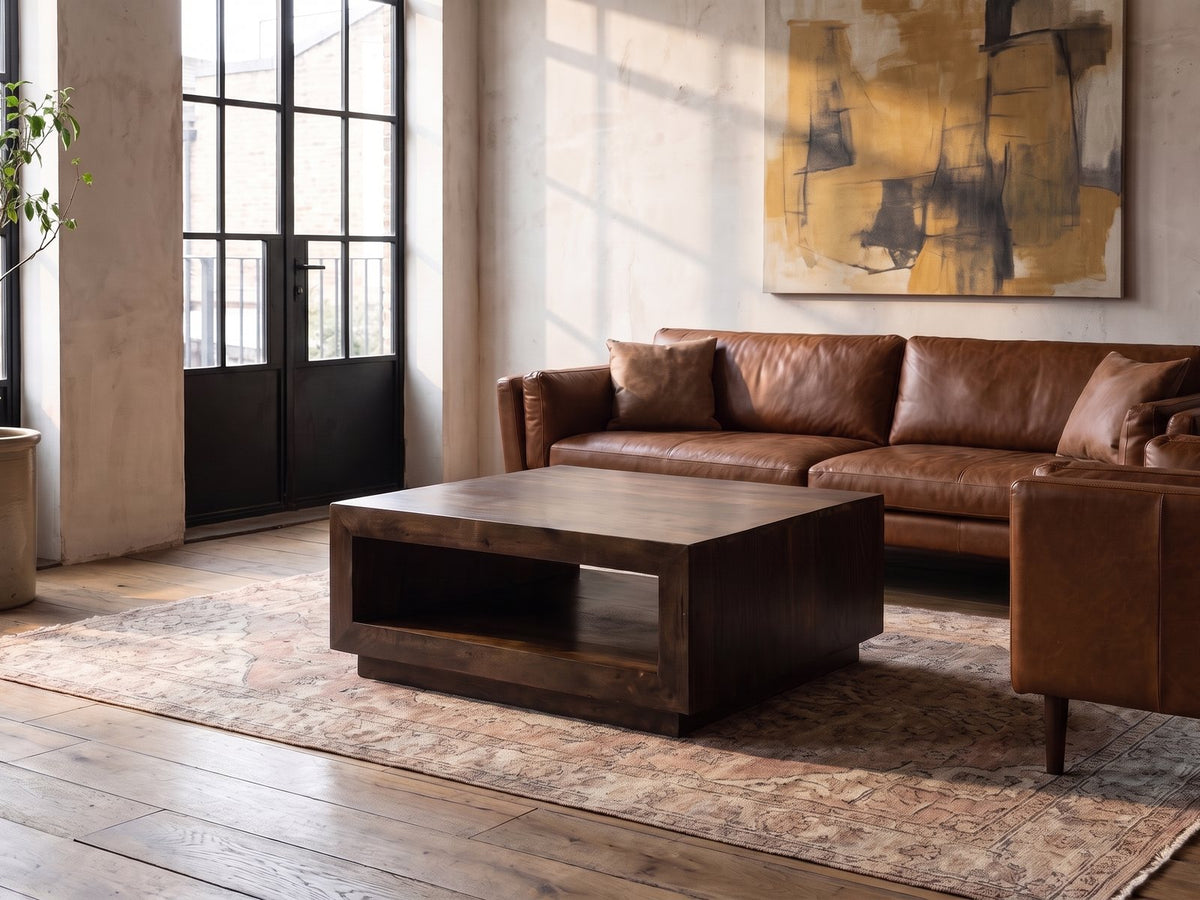 Terracina Solid Mango Block Coffee Table seen from the side, on a vintage rug in front of a leather sofa in an industrial loft