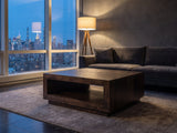 Terracina Solid Mango Block Coffee Table on a wool rug in front of a velvet sofa in a city penthouse at blue hour