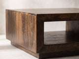 Close-up of the Terracina Solid Mango Block Coffee Table: the mitred corner of the solid mango block