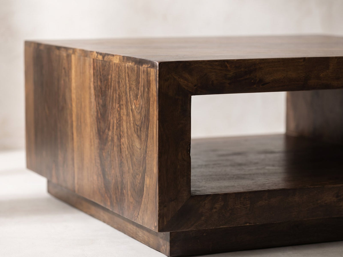 Close-up of the Terracina Solid Mango Block Coffee Table: the mitred corner of the solid mango block