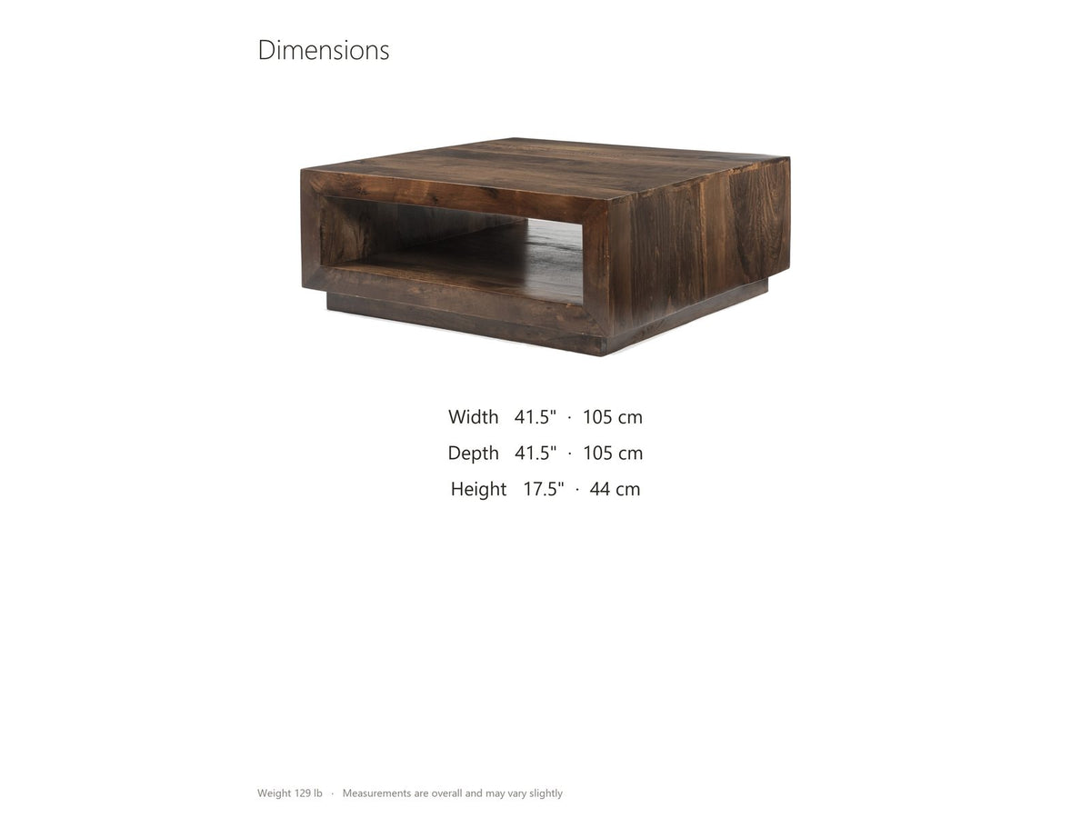 Terracina Solid Mango Block Coffee Table dimensions: 41.5 in wide, 41.5 in deep, 17.5 in high