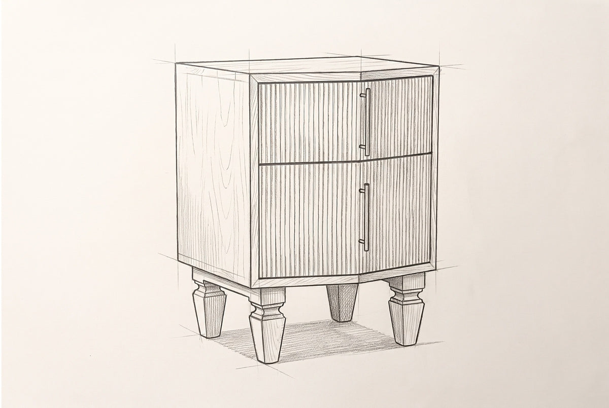 Pencil sketch of the Teulada nightstand, drawn from the same three-quarter view