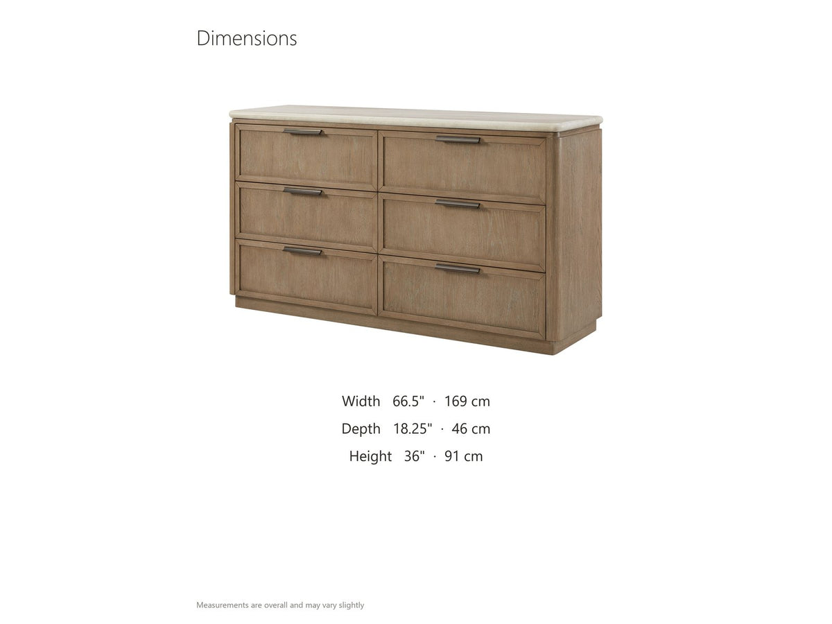 Thiene 66.5-Inch Toffee Oak Stone-Top 6-Drawer Dresser dimensions: 66.5 in wide, 18.25 in deep, 36.0 in high