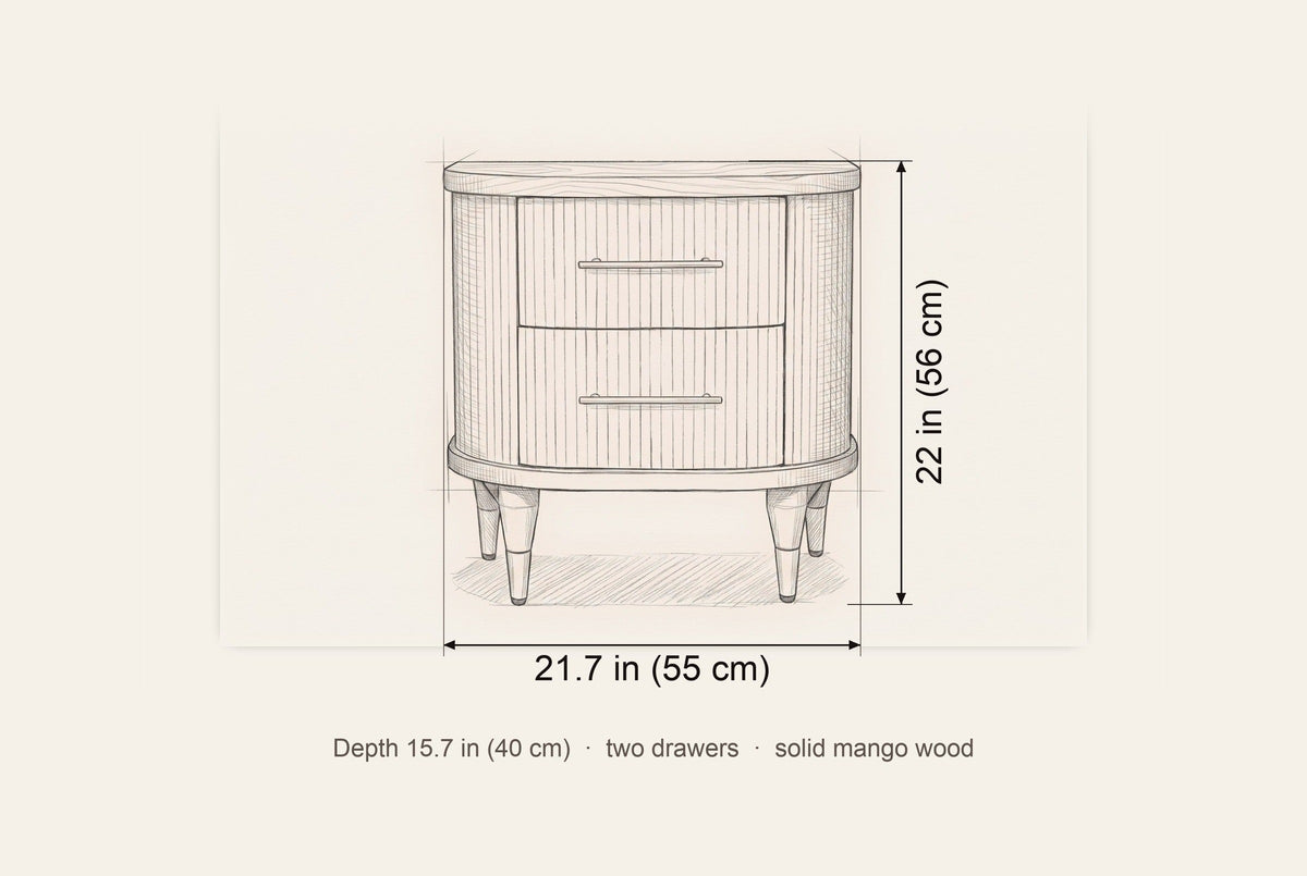 Thiesi nightstand dimensions: 21.7 in wide, 22 in high, 15.7 in deep