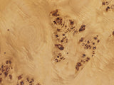 Close-up of the Tiriolo Natural Burl Pillar Side Table: the burl veneer of the round top