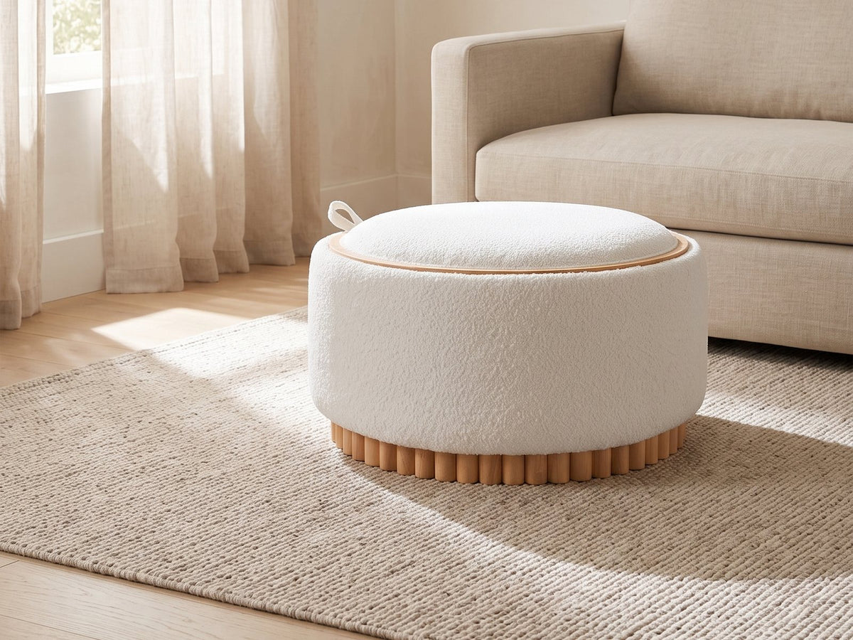 Tivoli Fluted Storage Ottoman in a sunlit room
