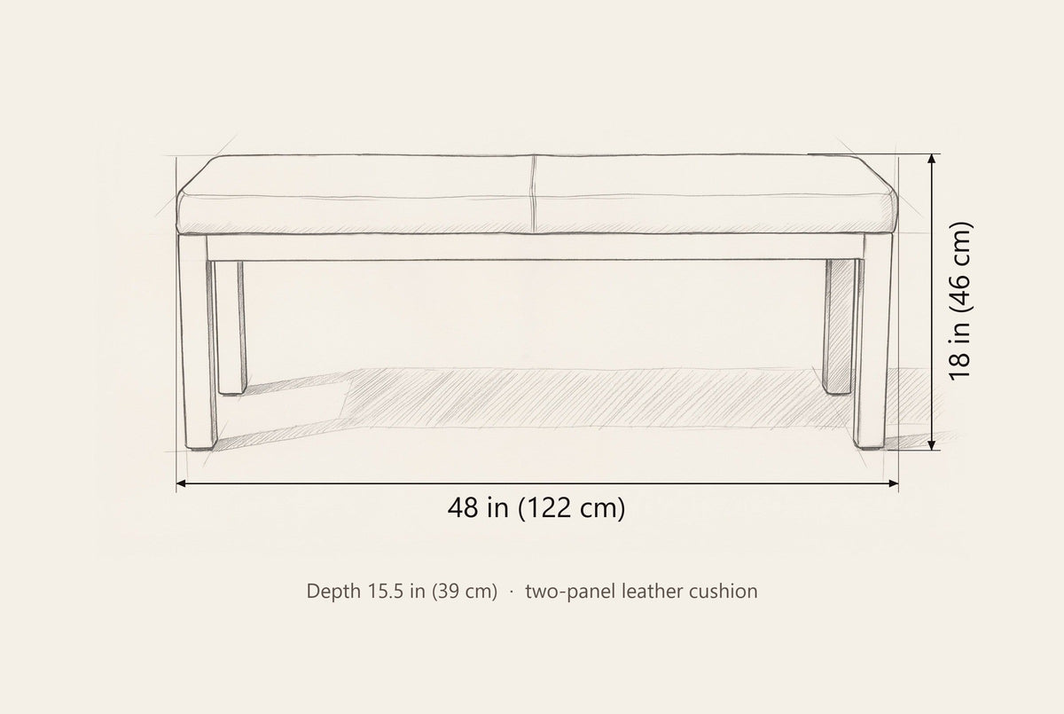 Todi bench dimensions: 48 in wide, 18 in high, 15.5 in deep