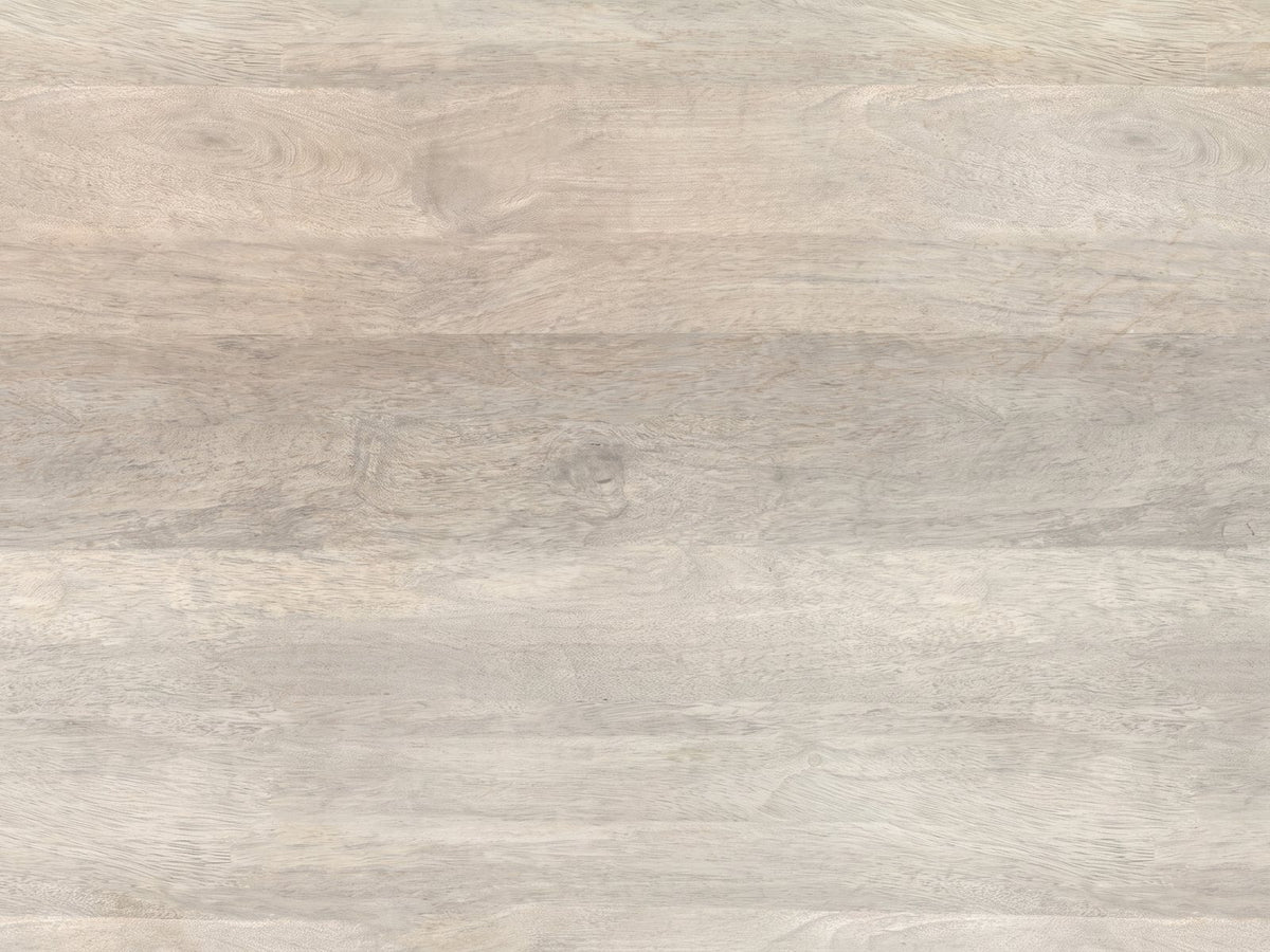 Close-up of the Tolentino Whitewashed Mango Drum Coffee Table: the whitewashed mango grain of the top