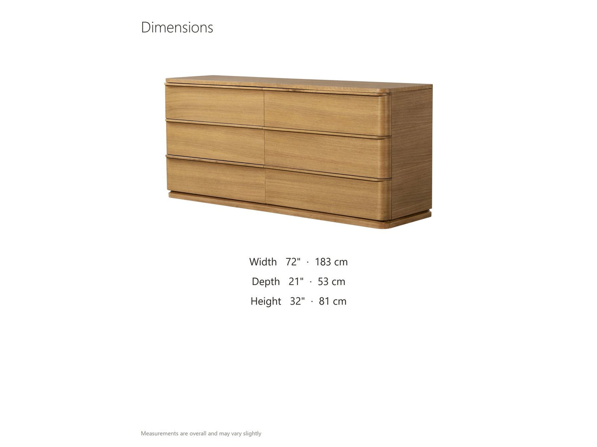 Tolmezzo 72-Inch Natural Oak 6-Drawer Dresser dimensions: 72.0 in wide, 21.0 in deep, 32.0 in high