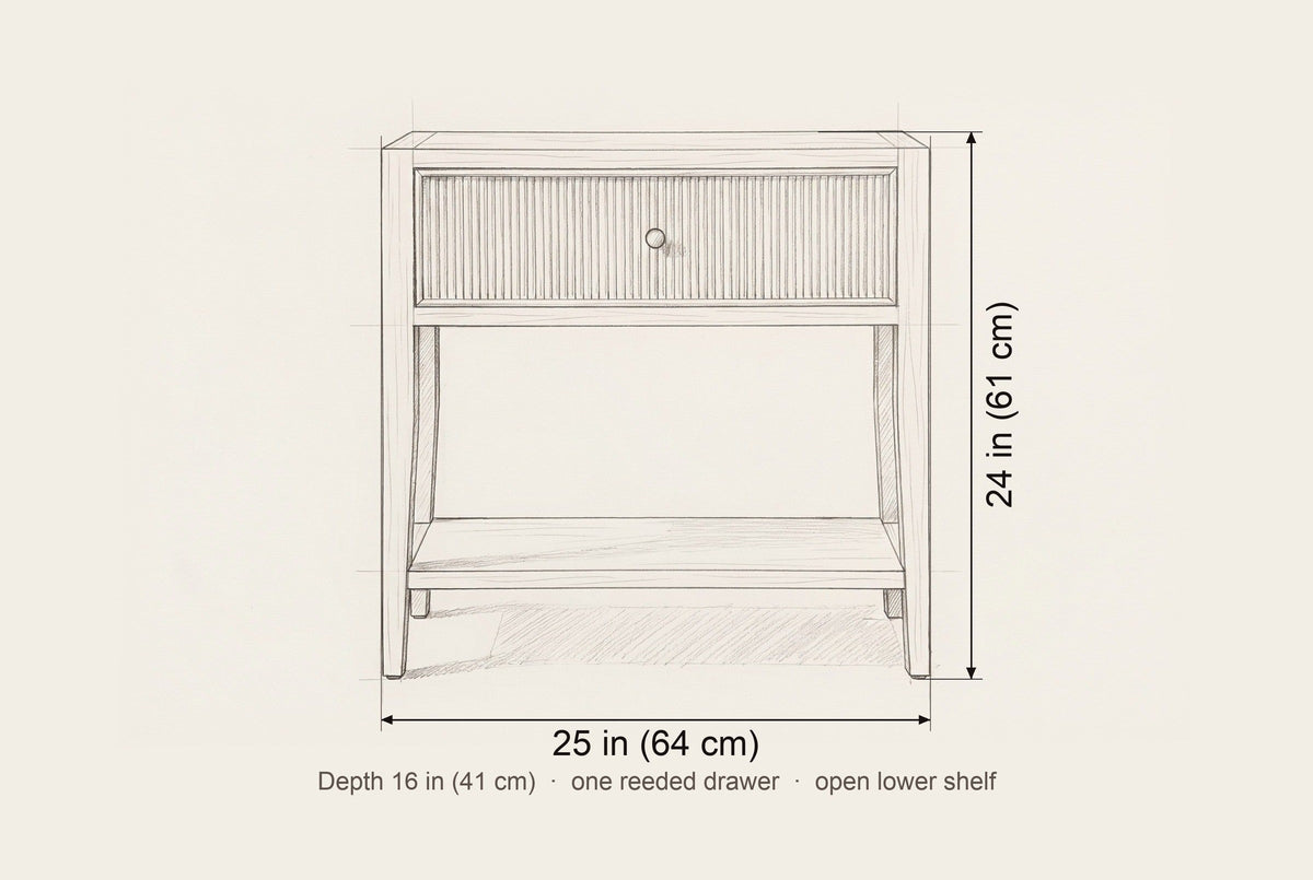 Tonara nightstand dimensions: 25 in wide, 24 in high, 16 in deep